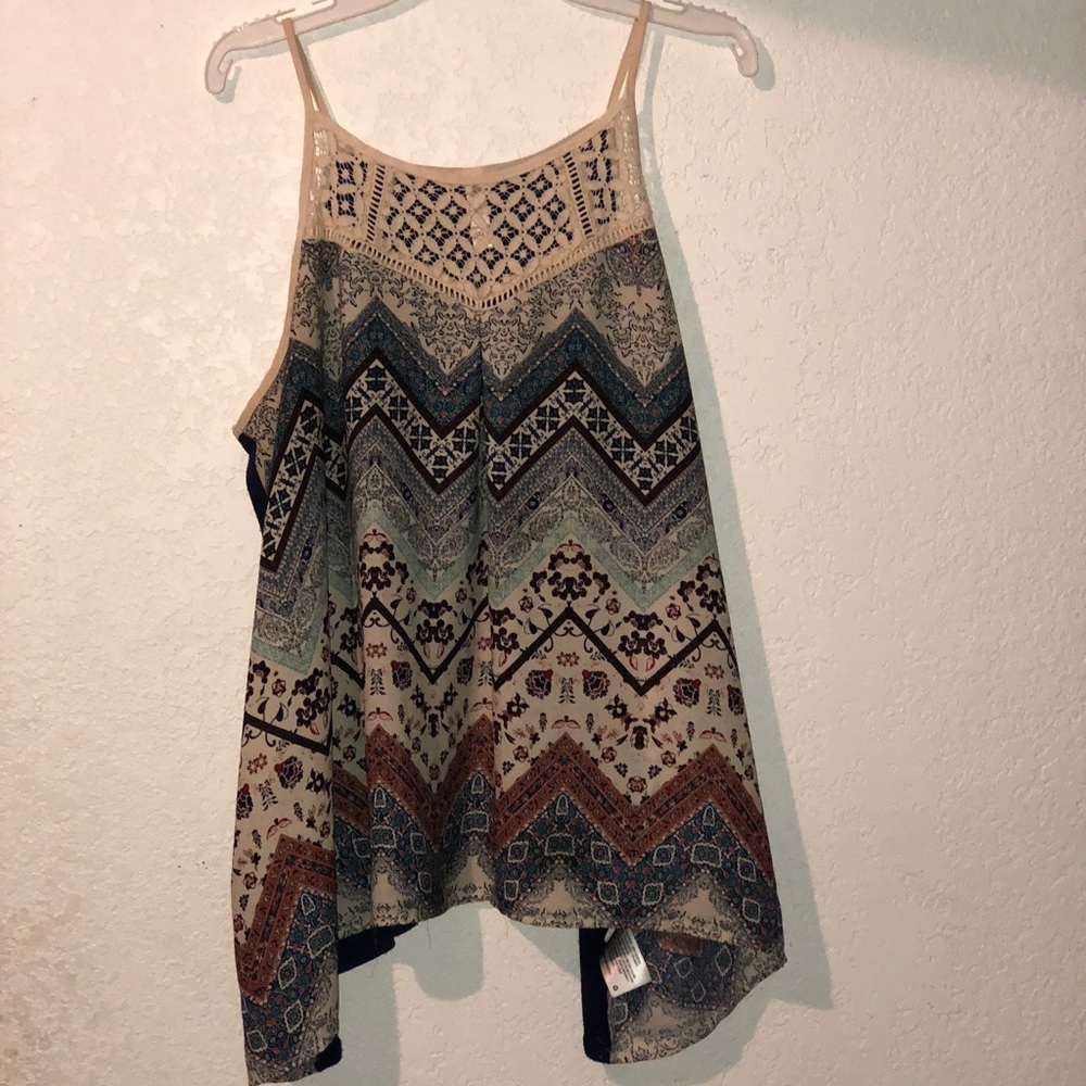 Multi-colored top with cotton navy blue back